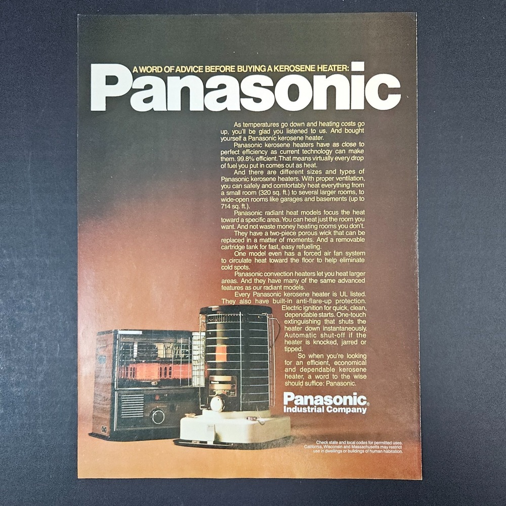 1983 Panasonic Industrial Company Kerosene Heater Vintage Print Ad Radiant Model